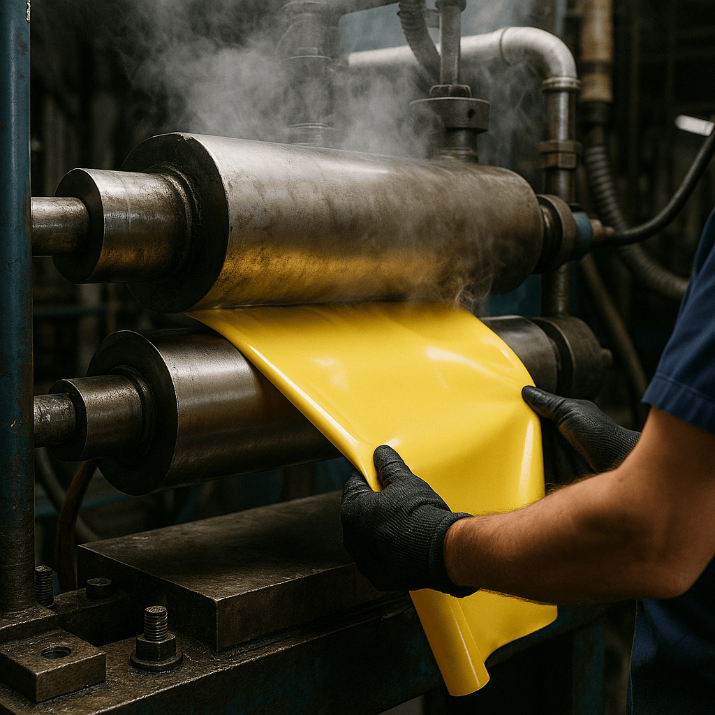 Glänzende Latexkleidung auf Werkbank mit Pflegemitteln und Pflanzen – Symbol für Nachhaltigkeit und Qualität bei Meurers Latex Reparatur Service.