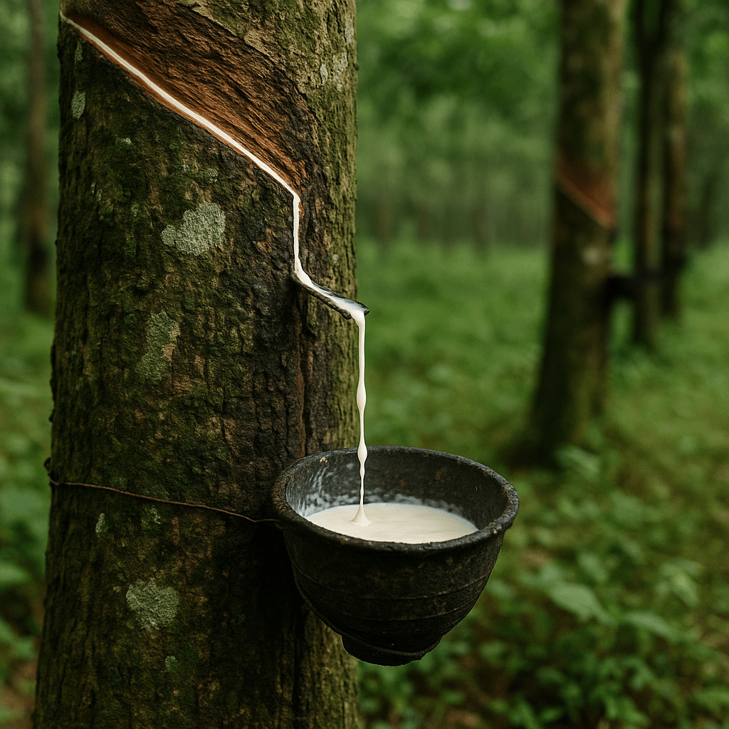 Latexmilch fließt aus einem Kautschukbaum in Malaysia – nachhaltiger Rohstoff für Latexkleidung, verarbeitet und repariert von Meurers Latex Reparatur Service.