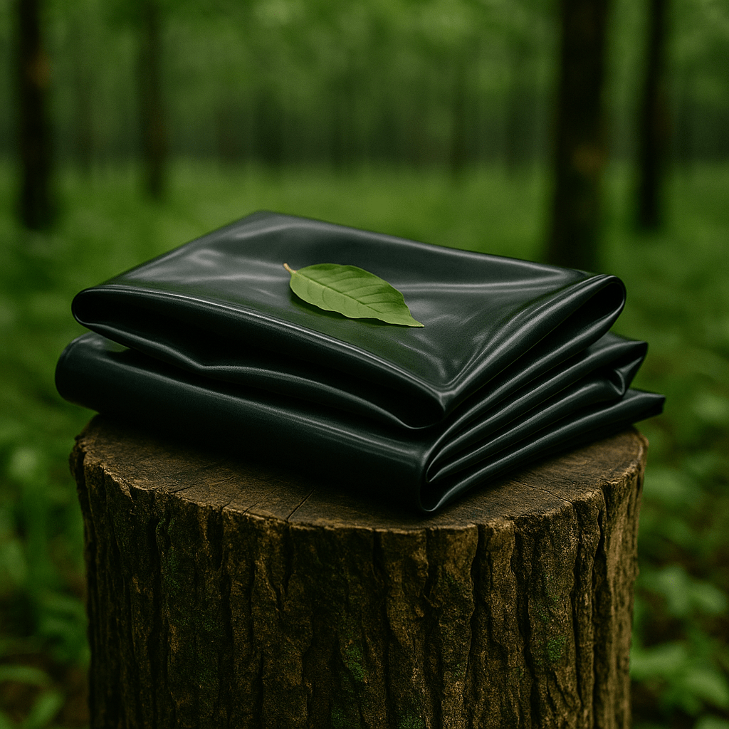 Gefaltete schwarze Latexkleidung liegt auf einem Baumstamm mit grünem Blatt – Symbol für Nachhaltigkeit, Qualität und Naturverbundenheit bei Meurers Latex Reparatur Service.