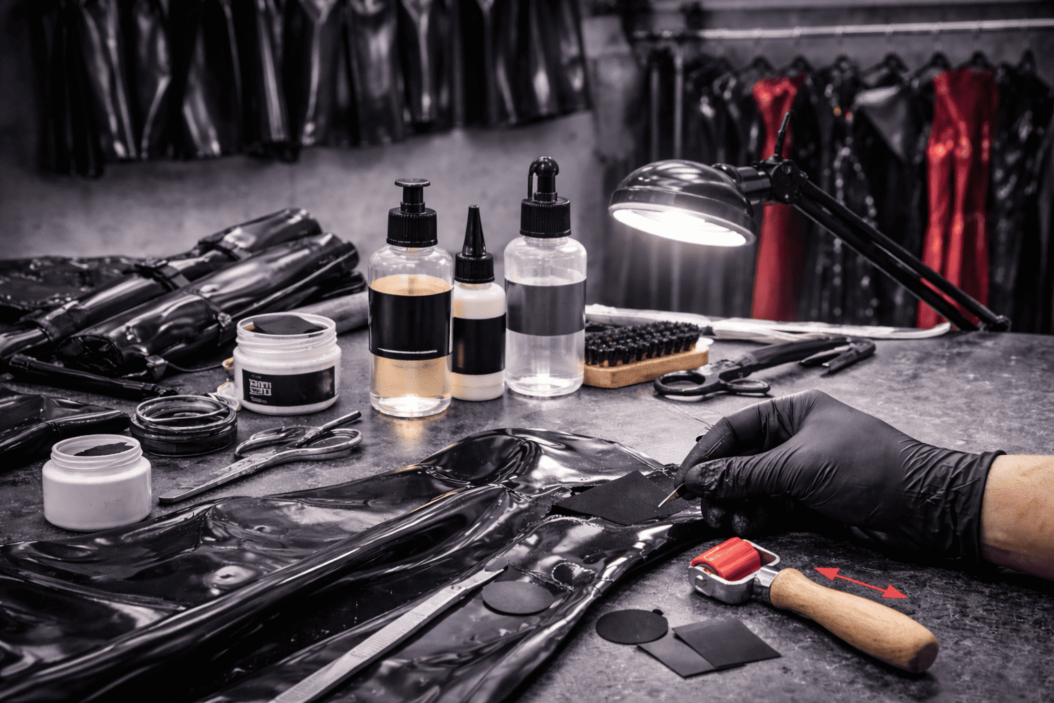 Werkzeuge und Materialien für Latexreparaturen auf grauer Arbeitsplatte