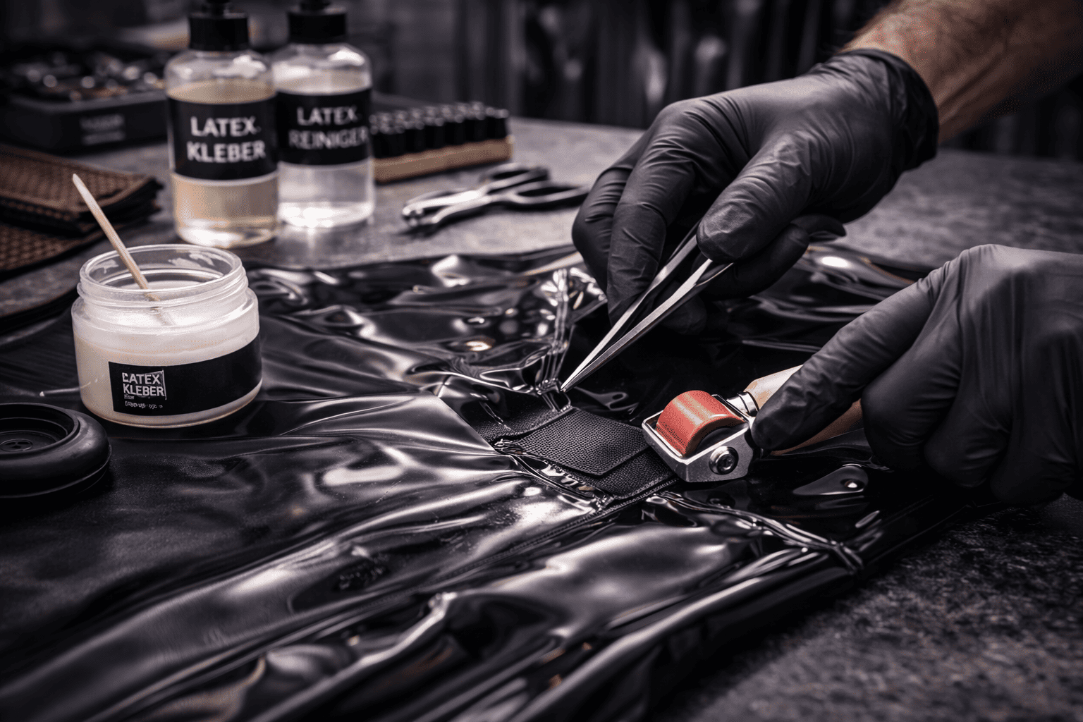 Latexriss wird mit Patch stabilisiert und mit Nahtroller sauber angedrückt