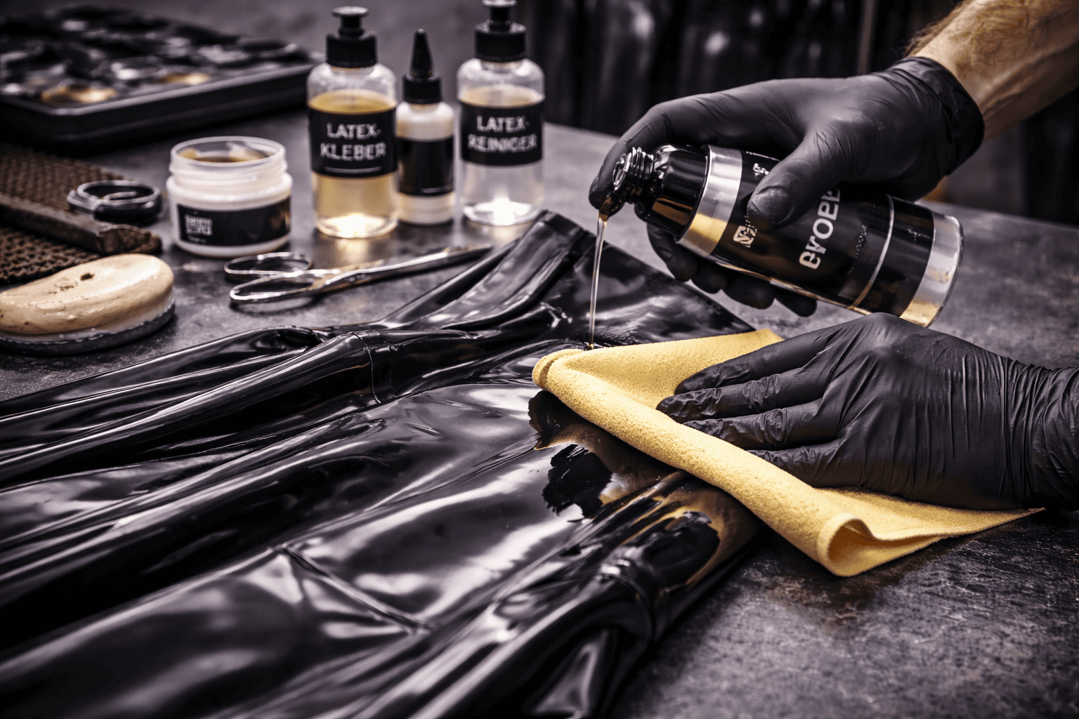 Latexoberfläche wird vor der Reparatur gereinigt und entfettet