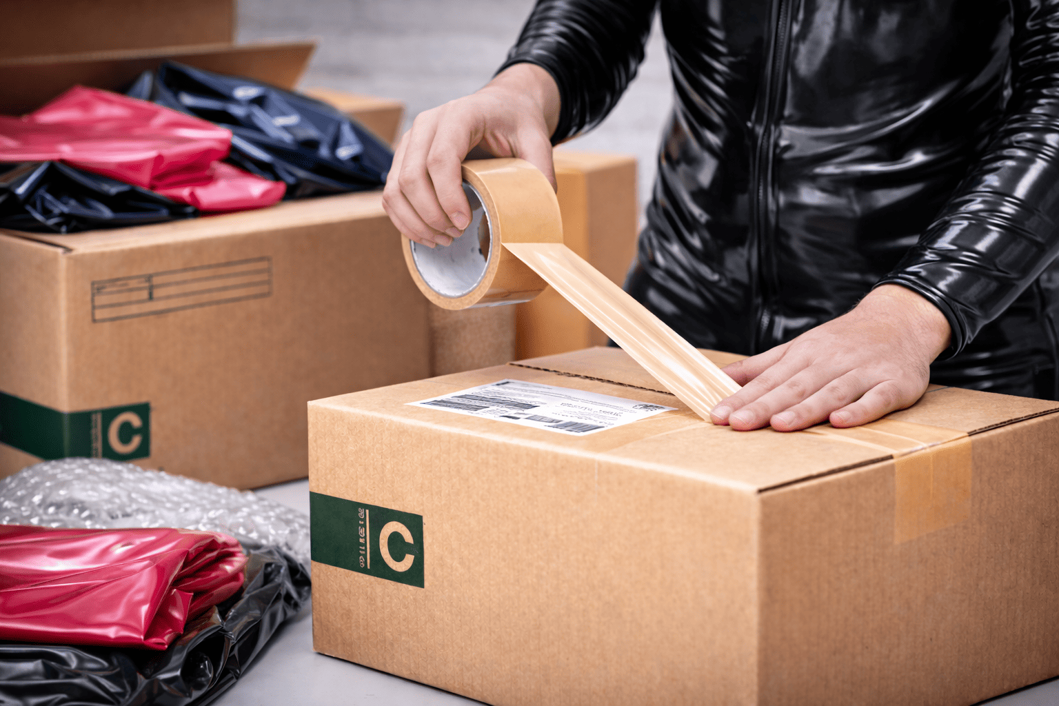 Person verschließt Versandkarton mit Paketband – professioneller und diskreter Versand für Latex Reparatur Service