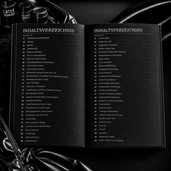 Inhaltsverzeichnis des MLRS Latex Pflegeguides mit 60 Kapiteln zur richtigen Pflege von Latexkleidung