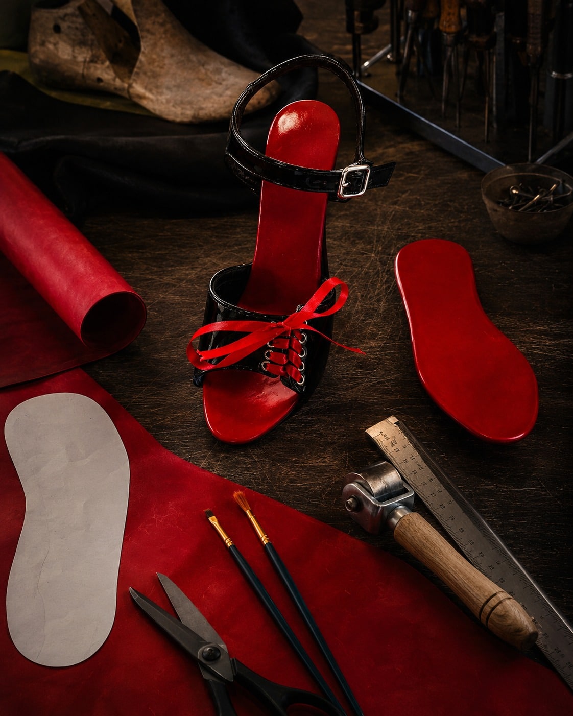 Handarbeit bei der Latex-Beschichtung einer Schuh-Innensohle